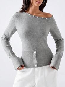 LYSMO Autumn Casual Button Decor Asymmetric Collar Sweater - Grey - View 6