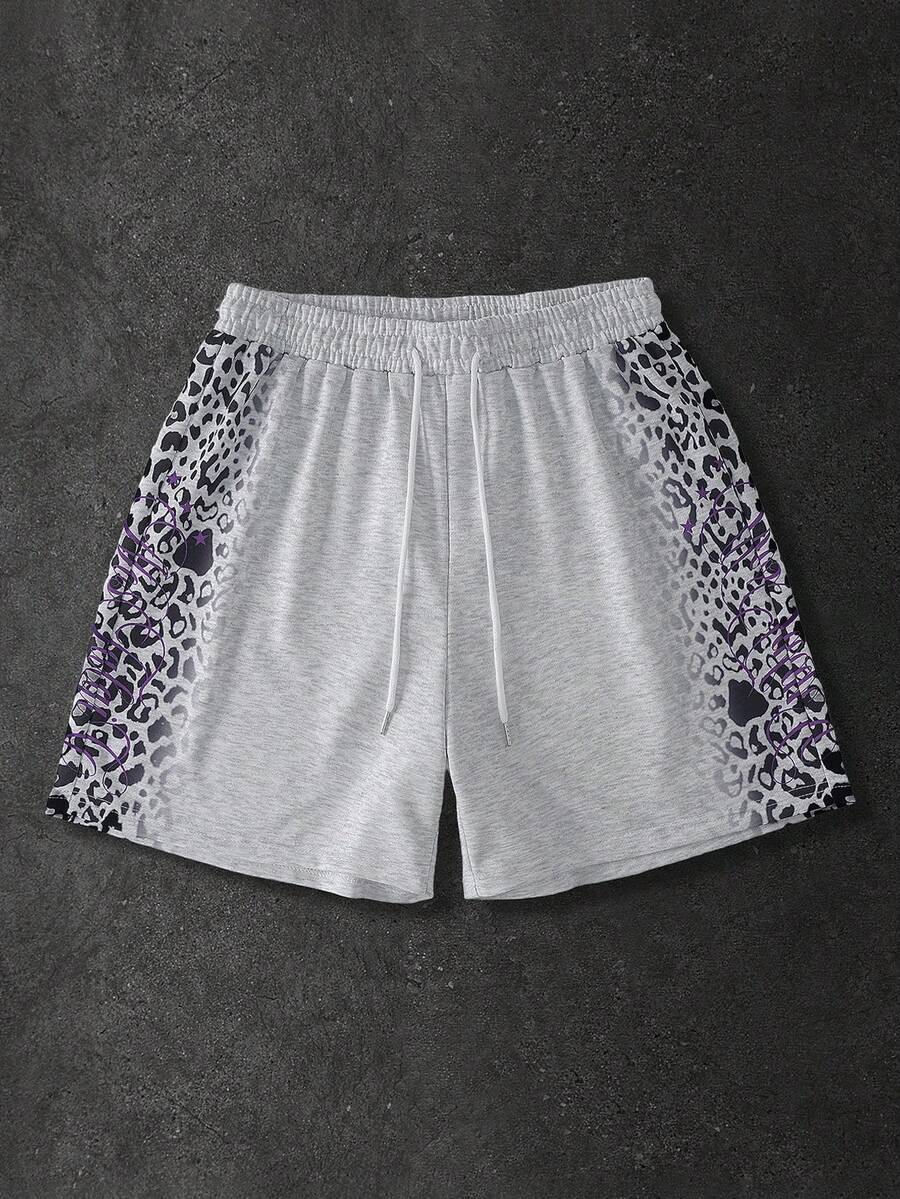 ROMWE MEN Men's Leopard Print Drawstring Waist Loose Shorts - Grey - View 1