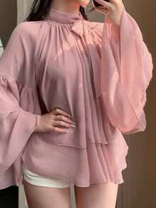 Dazy Plus Solid Color Chiffon Loose Ruffle Bell Sleeve Bow Tie Elegant Vacation Summer Blouse Pink Shirt - Pink - View 5