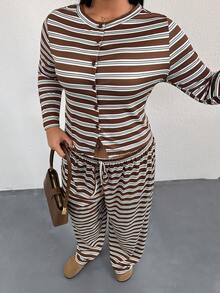 SHEIN Essnce Plus Size Women's Spring/Autumn Fashion Casual Elastic Comfortable Daily Brown Striped Button Cardigan And Wide Leg Pants 2-Piece Set, Autumn Striped 2-Piece Set, Outing Outfit, Comfortable Clothing - Brown - View 5