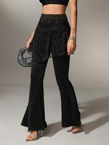 Nuvra Pantalones acampanados de encaje, diseño cómodo 2 en 1, versátil para ir al trabajo, primavera/verano, fiesta, noche activa, negro, elegante, sofisticado - Negro - Ver 6