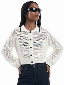 Lumivelle Women's Casual Color Block Shell & Ivory Perforated Long Sleeve Cardigan Sweater - Multicolor - View 6
