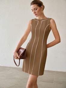 MOTF PREMIUM VESTIDO CORTO SIN MANGAS CON RIBETE BLANCO EN CONTRASTE - Caqui - Ver 5