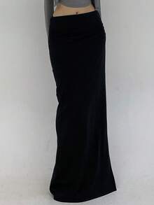 DAZY Women's Solid Color High Slit Skirt - Black - View 8