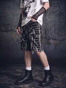 Vyqestra Men's Loose Fit Casual Straight Leg Denim Shorts With Pockets Punk Y2K Acid Washed Grey For Slim-Fit Party Gothic Men Shorts - Dark Grey - View 4