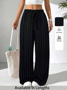 SHEIN PETITE CURVE 大码休闲条纹阔腿裤 - 黑色 - 查看 2