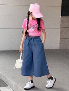 SHEIN Tween女孩休閒水洗寬腿牛仔褲 - 深色水洗藍 - 查看 3