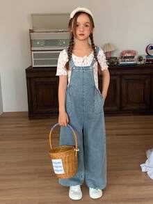 DAZY Young Girl Fashion Versatile Pocket Loose Wide Leg Denim Overalls Fall - Light Wash - View 3