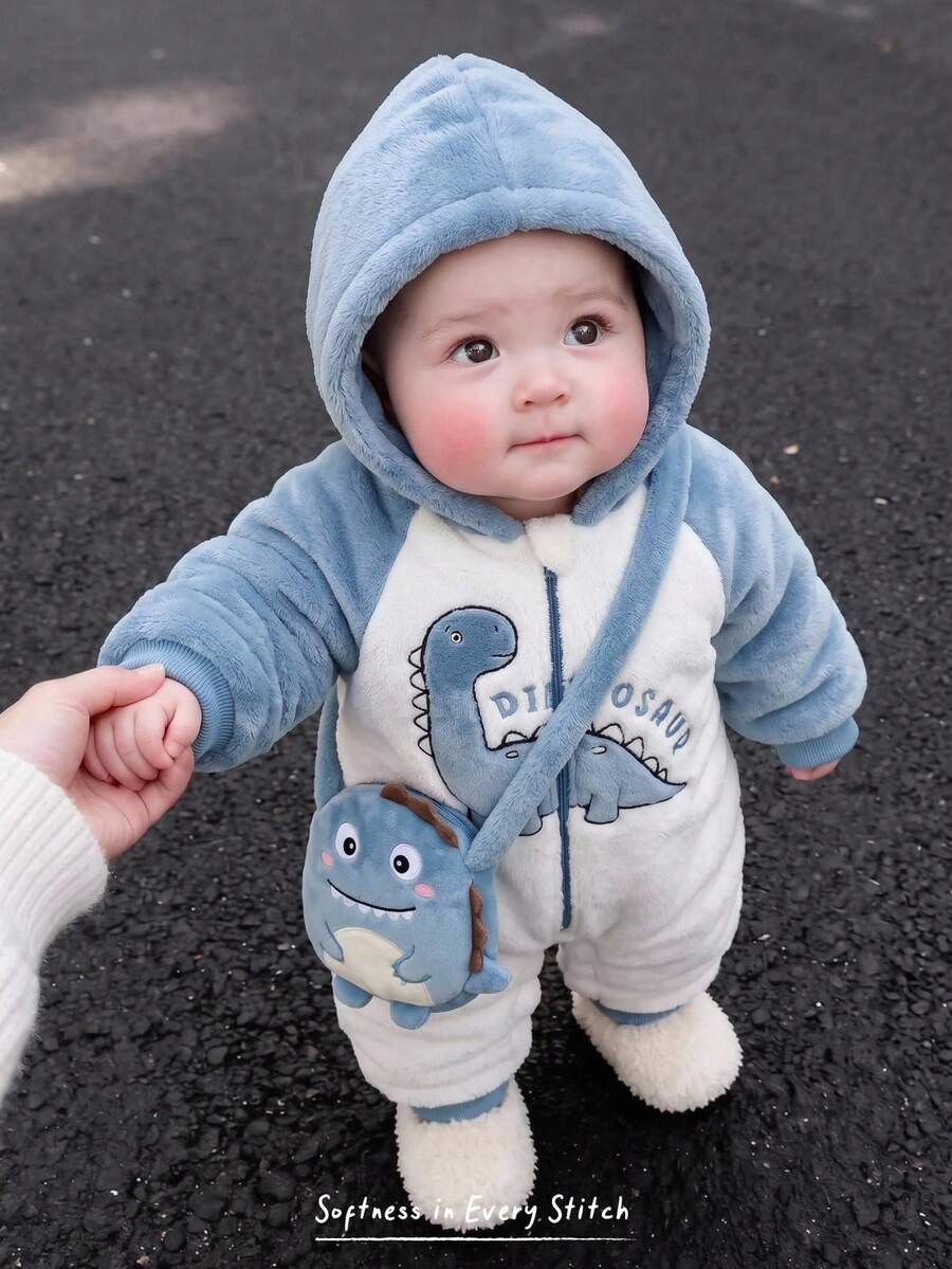 Cozy Pixies 男嬰卡通恐龍圖案保暖內裡拼接色連帽長袖連身衣,秋冬穿著,百搭舒適 - 藍色 - 查看 1