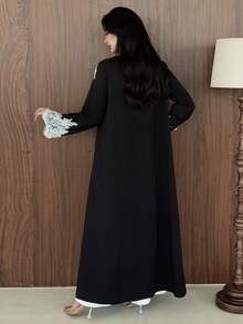 Yasmeen Edit Yasmeen Edit Abaya Wanita Musim Semi & Gugur Hitam & Putih Kontras Renda 3D Longgar Terbuka Depan untuk Liburan - Hitam - View 3