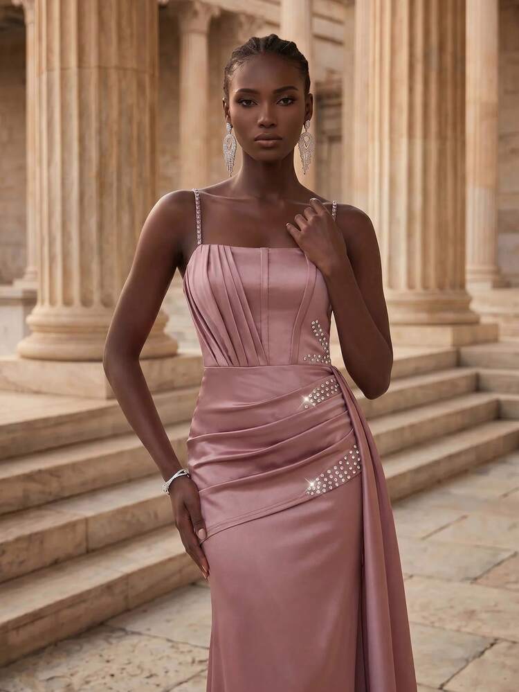 Coutiva Women's Solid Color Crystal Decor Pleated Elegant Waist Formal Evening Gown Slip Dress - Dusty Pink - View 3