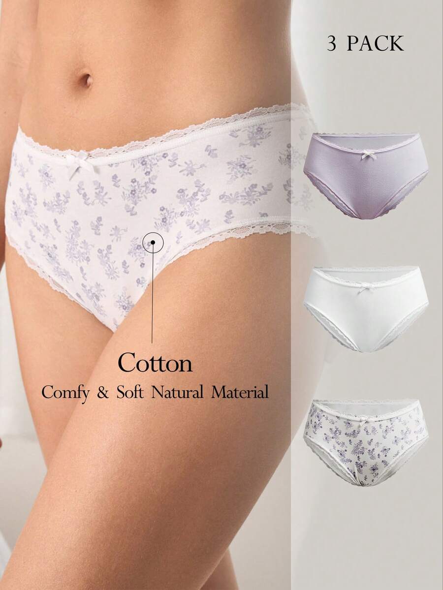 Ocili 3pcs/Pack Floral Print Pure Cotton Knit Comfortable Women's Bud Decor Boxer Briefs - Multicolor - View 1