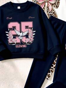 SHEIN 買3送1，少女極簡休閒數字與字母印花圓領衛衣搭配印花內搭褲套裝，以及豹紋蝴蝶結圓領衛衣搭配豹紋內搭褲套裝，適合秋冬日常穿著，3款可選 - 彩色 - 查看 6