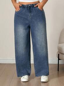 Livesso Curve Celana Pendek Denim Biru Pudar dengan Pinggang Semi Elastis, Potongan Lebar dan Lipatan di Bagian Bawah, Cocok untuk Musim Panas. - Medium Wash - View 1