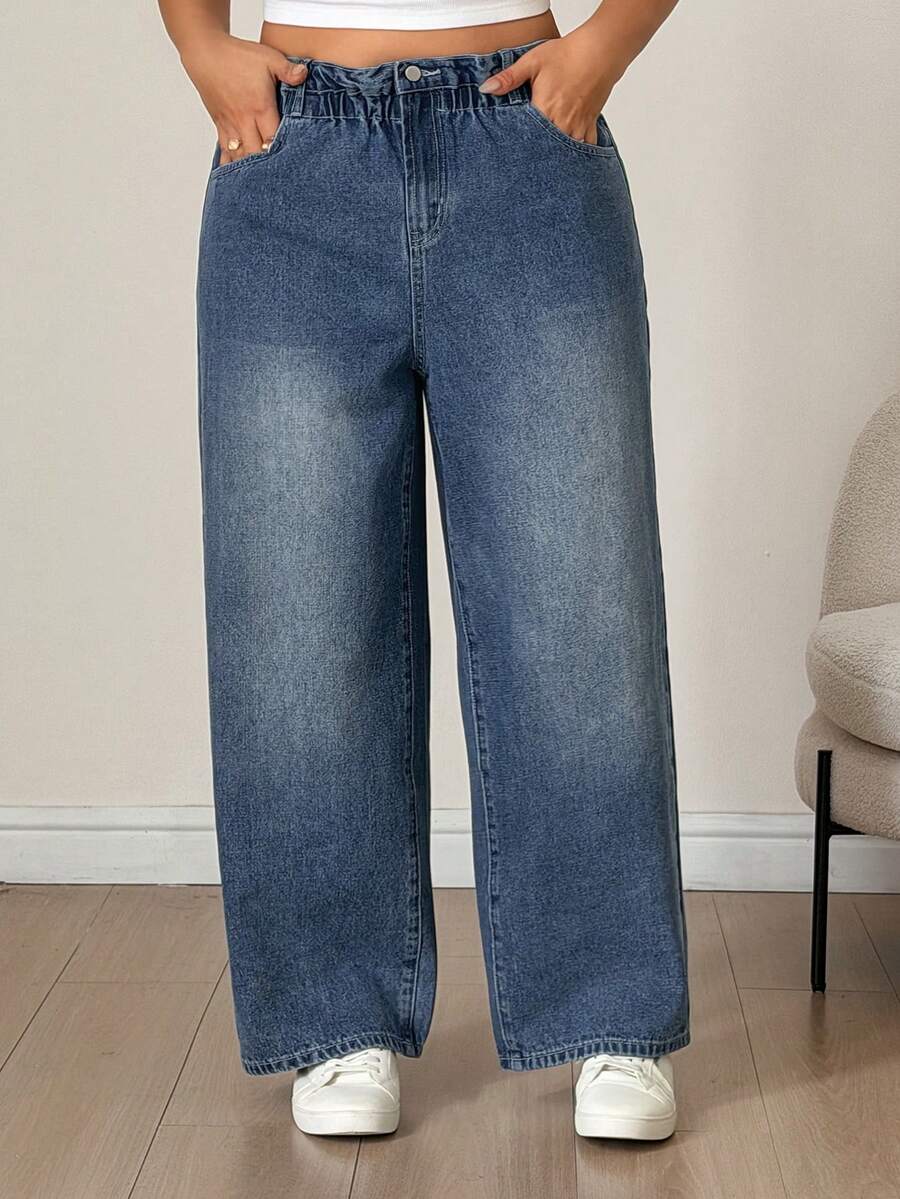 Livesso Curve Celana Pendek Denim Biru Pudar dengan Pinggang Semi Elastis, Potongan Lebar dan Lipatan di Bagian Bawah, Cocok untuk Musim Panas. - Medium Wash - View 1