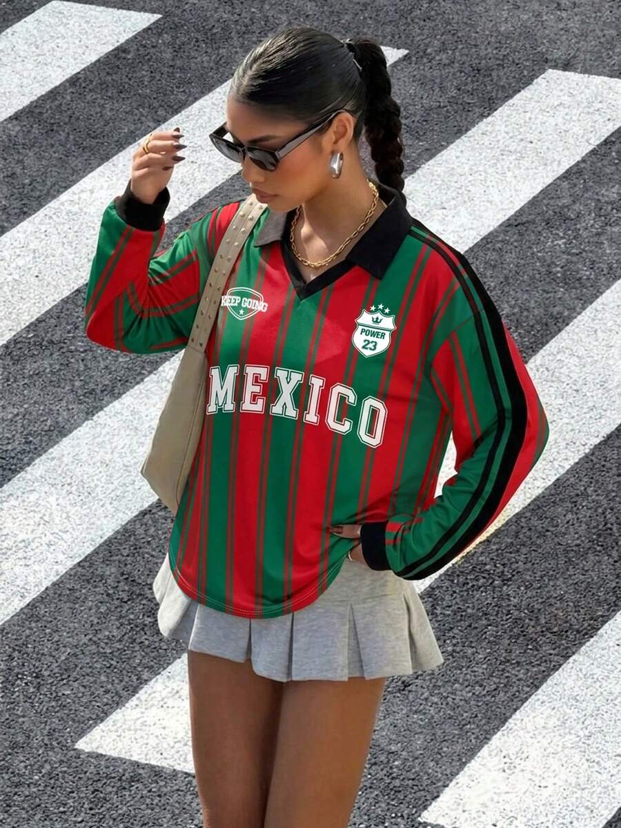 Muchica 女士墨西哥国旗绿红条纹长袖足球衫 Polo 衫,棕色撞色领口和条纹袖口——复古、学院风、经典、青春、街头时尚风格,完美适用于足球比赛、体育赛事、观众装扮、日常出行、音乐节、返校季、外出、嘻哈、Grunge、摇滚说唱等各种场合。 - 彩色 - 查看 1