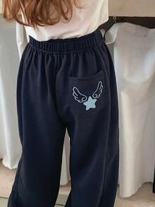 DAZY Tween Girl Casual, Everyday, Commuting Minimalist Versatile Star Pattern Slant Pocket Wide Leg Pants, Suitable For Spring, Summer, Autumn - Navy Blue - View 1