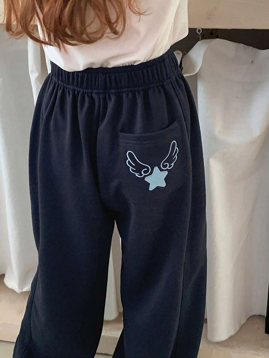 DAZY Tween Girl Casual, Everyday, Commuting Minimalist Versatile Star Pattern Slant Pocket Wide Leg Pants, Suitable For Spring, Summer, Autumn - Navy Blue - View 1