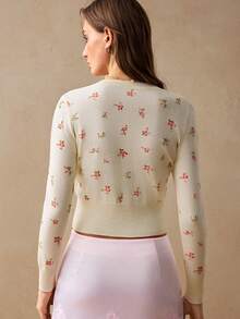 Willow Rêve Women's Pink Floral Pattern Hand-Knit Cardigan Sweater, Romantic Cute Elegant Vacation Style High Tea Party Autumn,Tops For Women,Summer Cardigan - Cream - View 2