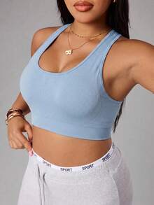SHEIN Unity Women's Plus Size Solid Color Everyday Fitness Sports Bra - Blue - View 3