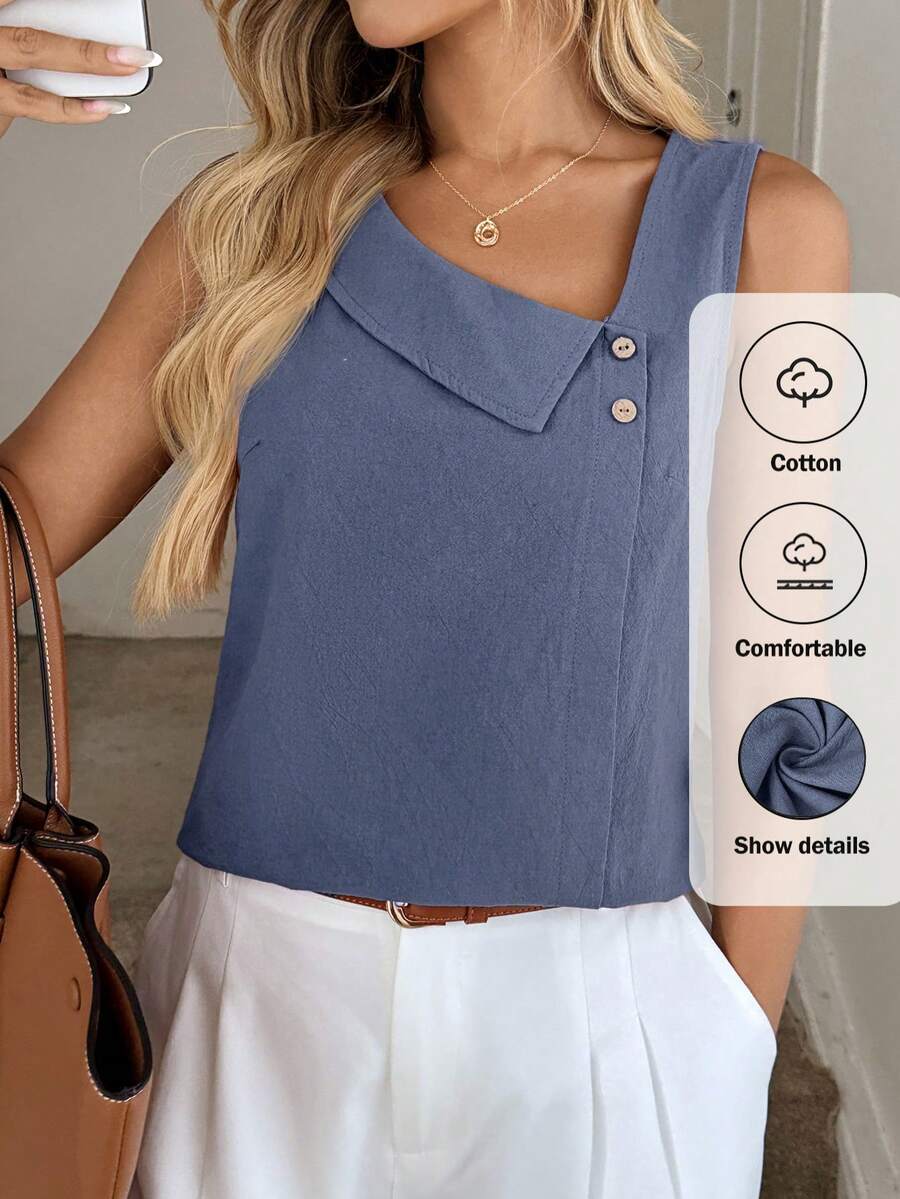 SHEIN LUNE Casual Solid Color Asymmetric Collar Sleeveless Shirt - Blue - View 1