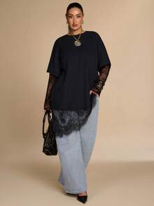 SHEIN BAE CURVE 大尺碼女款抓皺短袖蕾絲拼接上衣，大尺碼 T-shirt - 黑色 - 查看 5