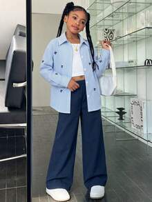 SHEIN 3件套黃色長袖條紋數位印花襯衫、黑色長褲、細肩帶背心，適合春夏出遊 - 藍色 - 查看 5