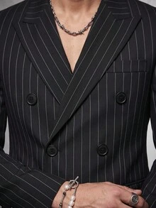 Zorclune 男士黑白條紋商務優雅正式西裝套裝，秋季老錢風晚餐婚禮晚宴穿搭，復古街頭風男友禮物，儀式感 - 黑色 - 查看 3