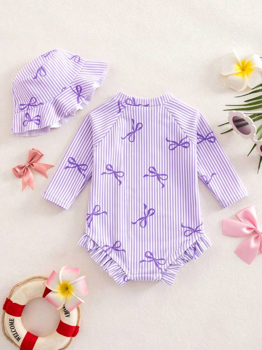 SHEIN Traje de baño de una pieza con volantes y lazo a rayas para bebé niña recién nacida - Púrpura malva - Ver 1