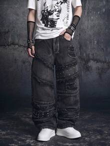 Vyqestra Men's Vintage Fashionable Versatile Rivet Frayed Distressed Wide Leg Loose Casual Daily Denim Jeans - Black - View 6