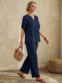 Faunlyn Women Two-piece Outfits Tombol Plain Casual - Navy Blue - View 4