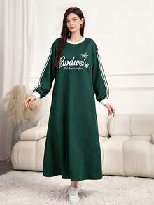 Mulvari Women's Casual Slogan Graphic Print Dark Green Long Dress, Fall Fashion Round Neck Striped Raglan Long Sleeve Sweatshirt Dress For Homewear - Green - View 3