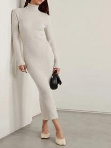 SHEIN Women Solid Color Ribbed Bodycan Sweater Dress - Grey - View 3