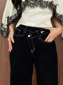 Yasmeen Edit Yasmeen Edit Women's Fashion Casual Asymmetrical Waistband Loose Fit Jeans Black - Black - View 4
