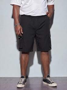 Plus Size Men's Casual Solid Color Drawstring Waist Cargo Shorts, Summer - Black - View 6