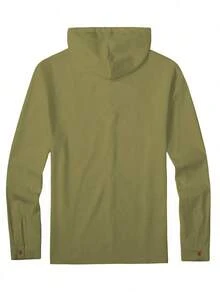 Manfinity Homme Camisa-chaqueta con capucha y cordón para hombre, de manga larga, color liso y abotonado sencillo - Verde militar - Ver 2