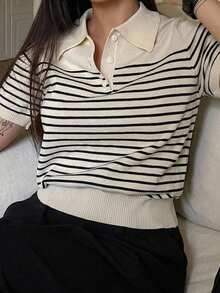 Dazy Plus Colorblock Patchwork Casual Striped Polo Collar Short Sleeve Knit Sweater Top Early Autumn New Style - Apricot - View 1