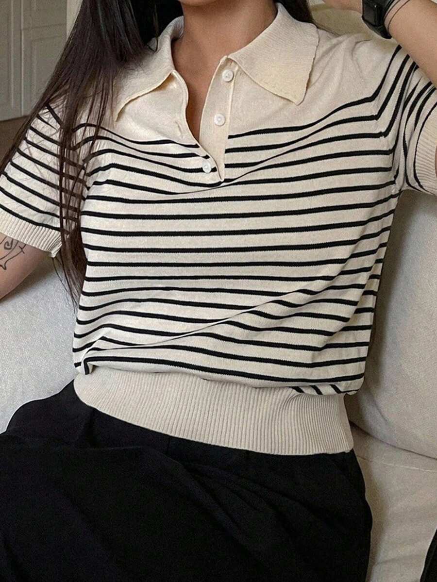 Dazy Plus Colorblock Patchwork Casual Striped Polo Collar Short Sleeve Knit Sweater Top Early Autumn New Style - Apricot - View 1