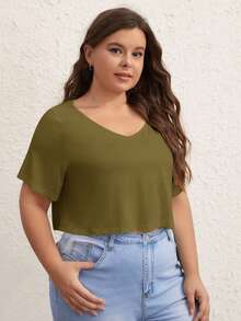 SHEIN BASICS Plus 1件純色V領短版T恤 夏季上衣 女款夏季穿搭 - 軍綠色 - 查看 5
