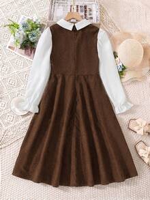 Gaun Anak Perempuan (Ukuran Besar) Berkerah Korduroi Cokelat, Musim Gugur/Musim Dingin, Sekolah/Kasual - Coklat - View 2