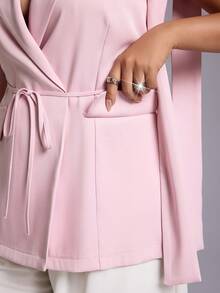 Viva Relle Casual European & French Style Waist-Cinching Tie-Front Sleeveless Blazer, Plus Size Lightweight Suit Jacket - Pink - View 7