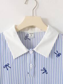 SHEIN 青少年女孩 Polo 領藍白條紋櫻桃印花短袖中長洋裝，返校季 - 藍色 - 查看 4