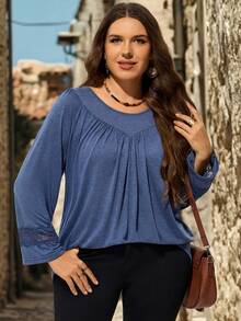 EMERY ROSE Atasan Wanita Ukuran Besar Warna Polos dengan Patchwork Renda untuk Kantor Formal, Keluarga, Ulang Tahun, Brunch, Biru Muda, Musim Gugur, Bisnis Kasual, Padu Padan, Bentuk Lembut, Boho Elegan - Navy Blue - View 7