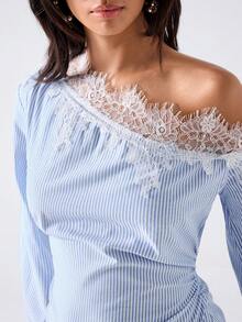 LYSMO Blusa de mujer con patchwork de encaje y rayas, casual elegante versátil para uso diario, oficina, brunch, conjuntos para salir, top combinable azul y blanco a rayas otoño - Azul - Ver 3