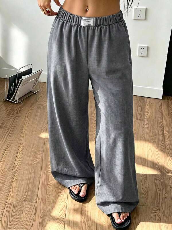 SHEIN Elladie kids Teen Girls Black Elastic Waist Straight Leg Wide Leg Woven Fabric Casual Versatile Autumn New Style Indoor Home Outdoor Back To School School Clothes