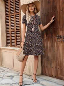 Rusticease Ladies' Summer Round Neck Floral Print A-Line Short Elegant Dress,Boho Clothes Women - Black - View 5