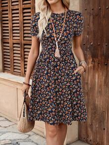 Rusticease Ladies' Summer Round Neck Floral Print A-Line Short Elegant Dress,Boho Clothes Women - Black - View 7