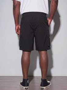 Plus Size Men's Casual Solid Color Drawstring Waist Cargo Shorts, Summer - Black - View 3