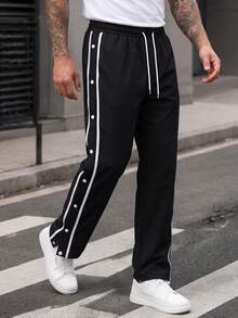 Manfinity CasualCool 男士黑色側邊雙排扣開衩抽繩彈性腰休閒長褲 - 黑色 - 查看 6