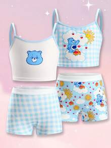 SHEIN X Care Bears Young Girl Cartoon Print Camisole Top And Hipster Panty Underwear Set - Blue and White - View 1